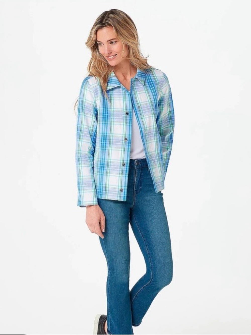 Isaac Mizrahi Blue, Aqua & Green Plaid Button Front Garden Jacket